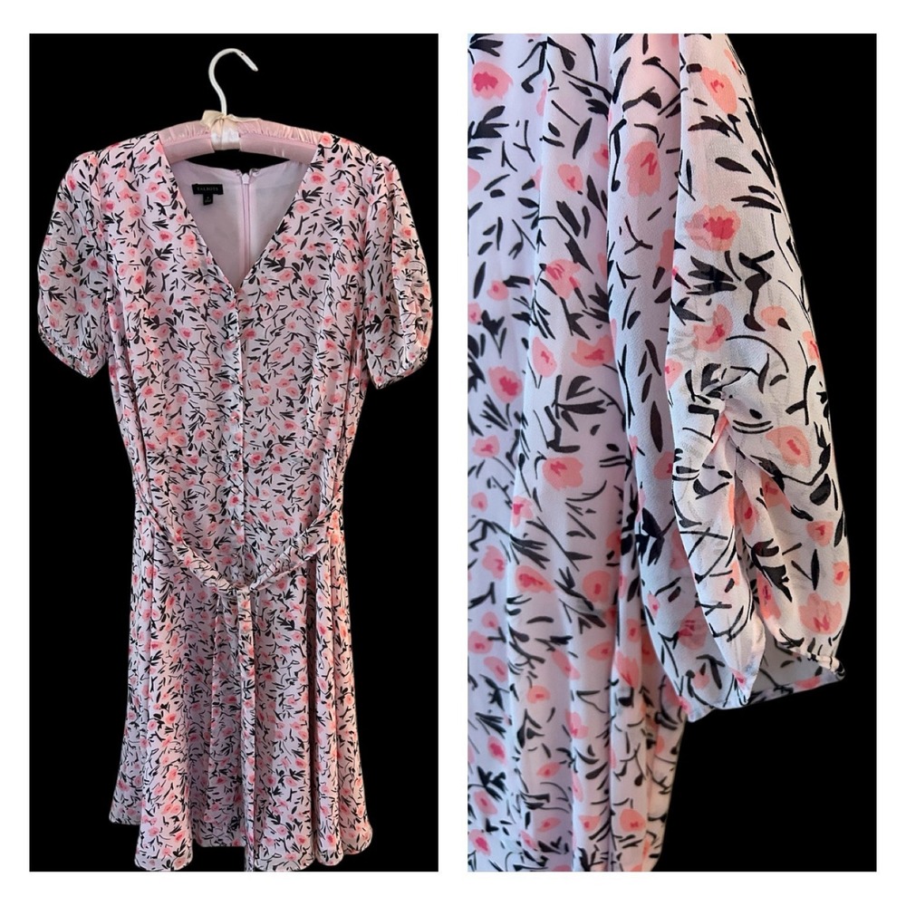 6 TALBOTS Pink Silk Belted Dress Gathered Sleeve Cottagecore Shabby Floral Chic